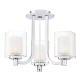 The Kolt 3 Light Semi-Flush in Polished Chrome is a contemporary ceiling light fixture featuring three evenly spaced cylindrical frosted glass shades. Its curving metal arms connect to a circular base, making it ideal for stylish bathroom lighting.
