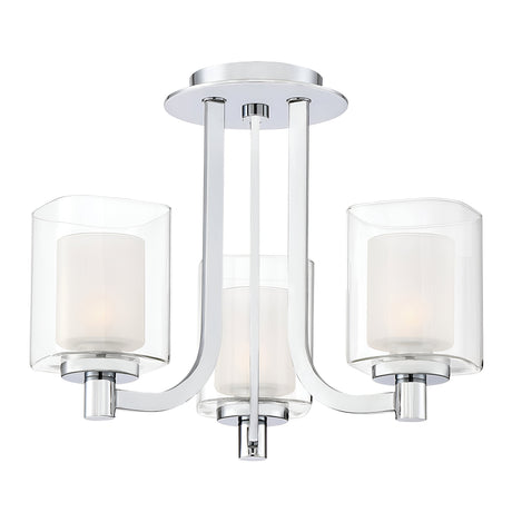The Kolt 3 Light Semi-Flush in Polished Chrome is a contemporary ceiling light fixture featuring three evenly spaced cylindrical frosted glass shades. Its curving metal arms connect to a circular base, making it ideal for stylish bathroom lighting.