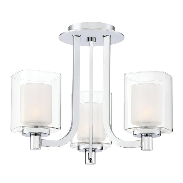 The Kolt 3 Light Semi-Flush in Polished Chrome is a contemporary ceiling light fixture featuring three evenly spaced cylindrical frosted glass shades. Its curving metal arms connect to a circular base, making it ideal for stylish bathroom lighting.