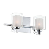 The Kolt 2 Light Wall Light in polished chrome showcases a contemporary, minimalist design with dual-layer glass shades on a sleek base. Each shade houses a lit bulb, mounted on a rectangular backplate, making it an ideal choice for bathroom lighting.