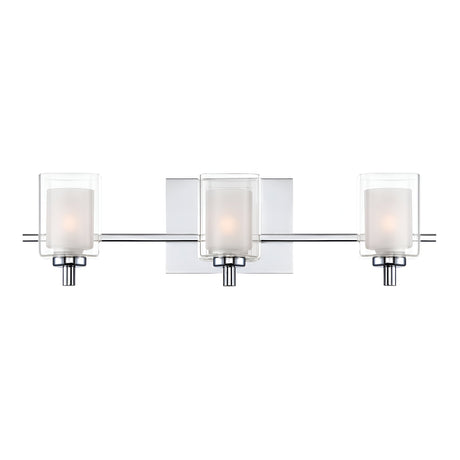 Introducing the Kolt 3 Light Wall Light - Polished Chrome, a stylish wall-mounted fixture that features three cylindrical glass shades. Each shade houses a bulb, creating an elegant and contemporary design ideal for enhancing bathroom spaces with sophisticated lighting.