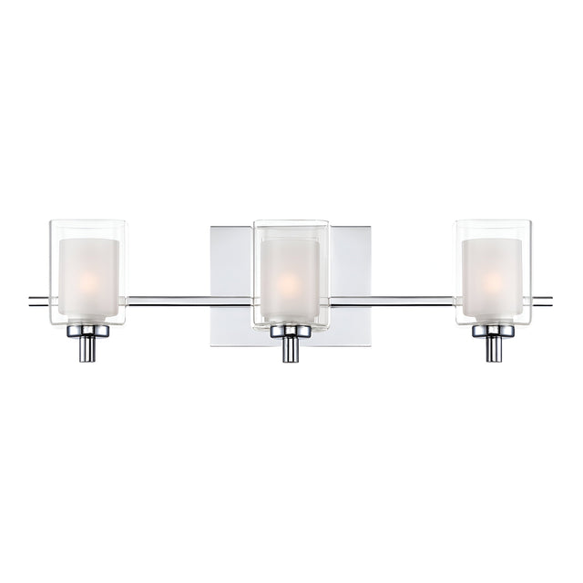 Introducing the Kolt 3 Light Wall Light - Polished Chrome, a stylish wall-mounted fixture that features three cylindrical glass shades. Each shade houses a bulb, creating an elegant and contemporary design ideal for enhancing bathroom spaces with sophisticated lighting.