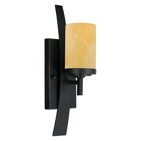 The Kyle 1 Light Wall Light showcases a modern design with an Imperial Bronze frame and a warm onyx cylindrical shade. Its sleek aesthetic features a curved metal piece supporting the light fixture, providing both elegance and practicality for any room.