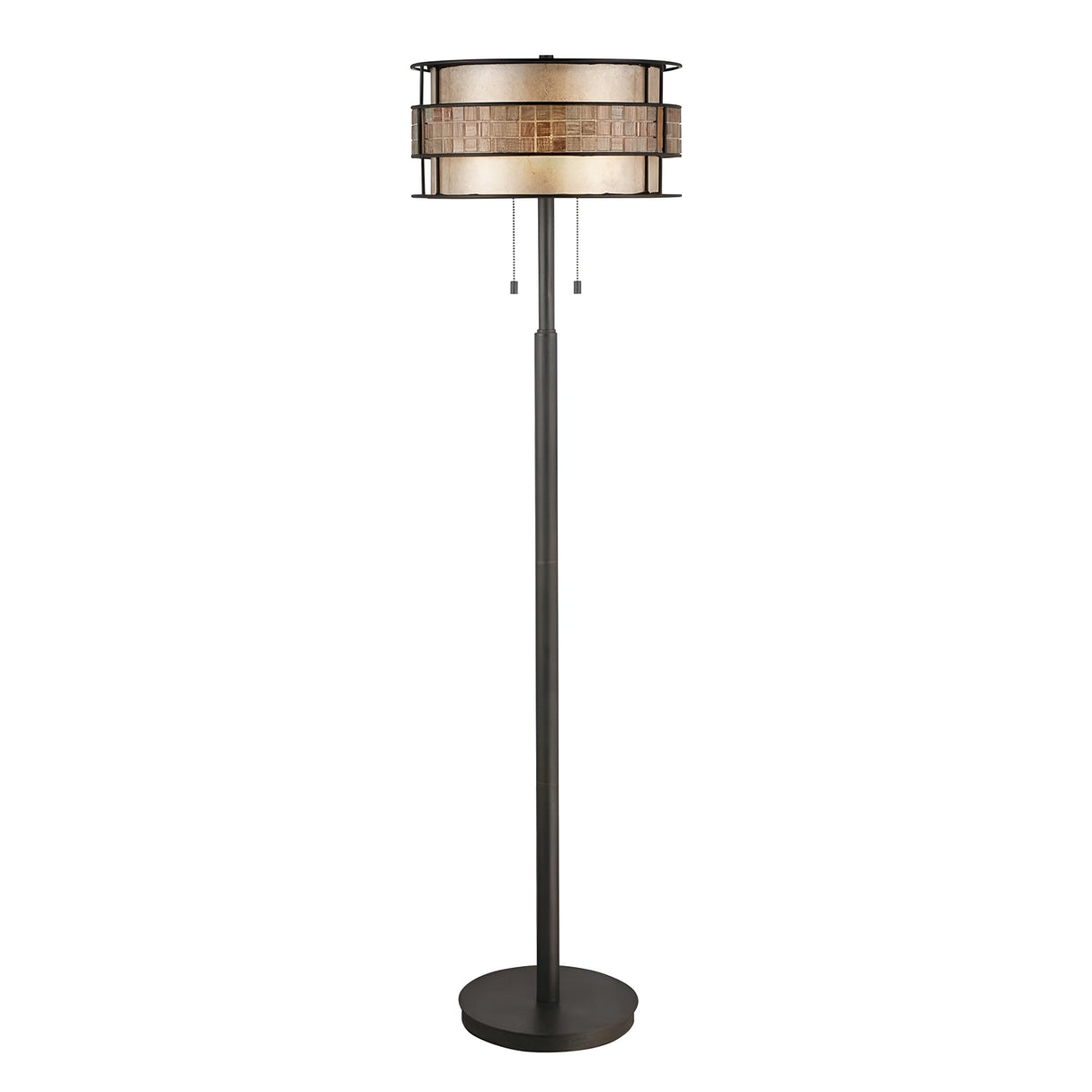 The Laguna 2 Light Floor Lamp - Renaissance Copper features a tall, slim black stand and round base. Its cylindrical lampshade, crafted from beige and brown stained glass with dual pull chains, effortlessly combines modern elegance with rustic charm.