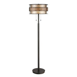 The Laguna 2 Light Floor Lamp - Renaissance Copper features a tall, slim black stand and round base. Its cylindrical lampshade, crafted from beige and brown stained glass with dual pull chains, effortlessly combines modern elegance with rustic charm.