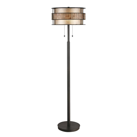 The Laguna 2 Light Floor Lamp - Renaissance Copper features a tall, slim black stand and round base. Its cylindrical lampshade, crafted from beige and brown stained glass with dual pull chains, effortlessly combines modern elegance with rustic charm.