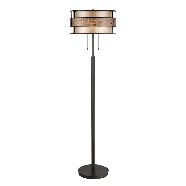 The Laguna 2 Light Floor Lamp - Renaissance Copper features a tall, slim black stand and round base. Its cylindrical lampshade, crafted from beige and brown stained glass with dual pull chains, effortlessly combines modern elegance with rustic charm.