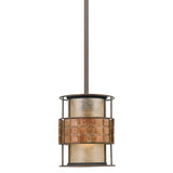 Introducing the Laguna 1 Light Mini Pendant - Renaissance Copper, a rustic fixture featuring a cylindrical design with a metal frame in Renaissance Copper and an elegant central mosaic tile stripe. Suspended from a slender rod, its shade is fashioned from frosted or textured glass, infusing any space with timeless charm.
