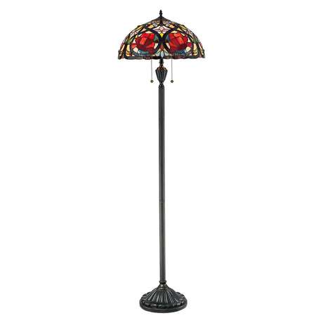 Introducing the Larissa 2 Light Tiffany Floor Lamp in Vintage Bronze, featuring a stained glass shade with a vibrant floral design in shades of red, orange, yellow, and green. This lamp showcases an Art Nouveau style with its ornate vintage bronze stand and round base.