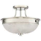 The Mantle 2 Light Semi-Flush in Imperial Silver embodies elegance with its circular frame supported by four rods and features a dome-shaped, frosted prismatic glass shade.