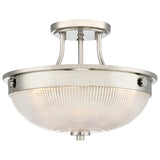 The Mantle 2 Light Semi-Flush - Imperial Silver ceiling fixture features a circular metal frame in an Imperial Silver finish, complemented by textured, prismatic glass. Its modern elegance is heightened by simple support arms and a sophisticated brushed nickel finish.