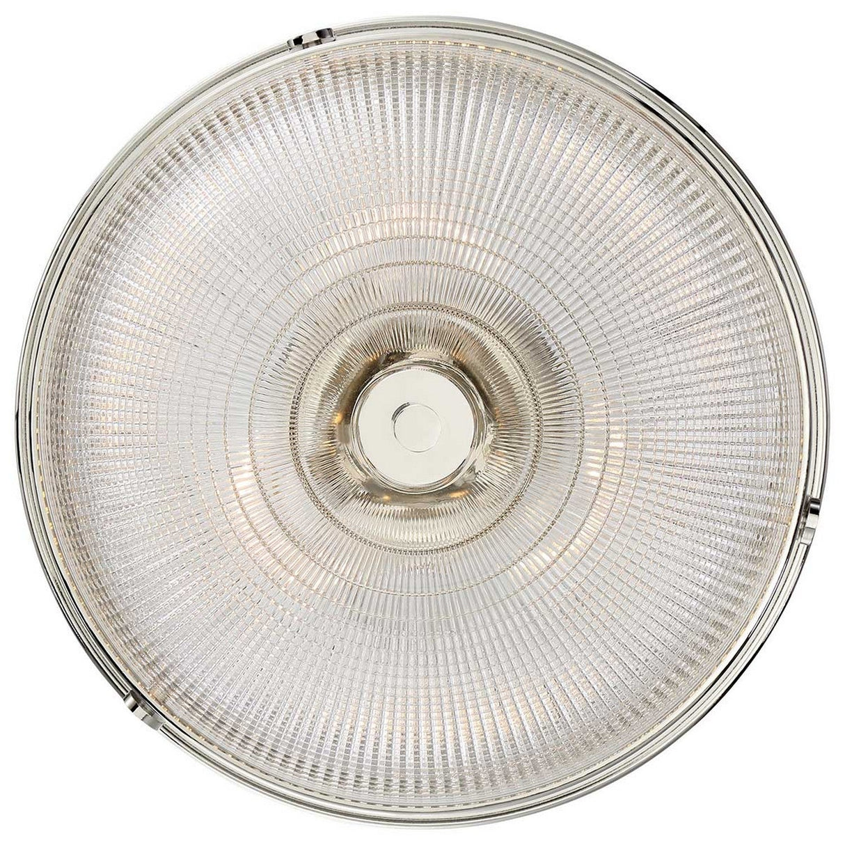 Close-up view of the Mantle 2 Light Semi-Flush - Imperial Silver, showcasing its prismatic glass accented by a metallic rim. The surface presents concentric patterns radiating from the center, offering a unique and detailed look.