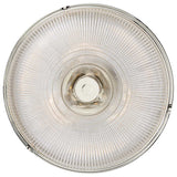 Close-up view of the Mantle 2 Light Semi-Flush - Imperial Silver, showcasing its prismatic glass accented by a metallic rim. The surface presents concentric patterns radiating from the center, offering a unique and detailed look.