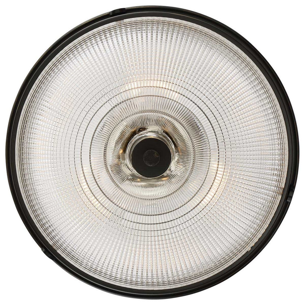 Close-up shot of the Mantle 2 Light Semi-Flush in Palladian Bronze, featuring a large circular design with a textured glass dome, concentric rings, and an illuminated semi-flush fixture emitting a soft glow.