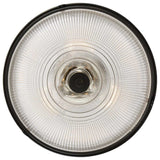 Close-up shot of the Mantle 2 Light Semi-Flush in Palladian Bronze, featuring a large circular design with a textured glass dome, concentric rings, and an illuminated semi-flush fixture emitting a soft glow.