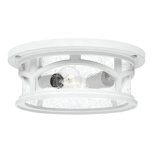 Introducing the Marblehead Outdoor 2 Light Flush - White, a modern ceiling light fixture characterized by its white, round design. It features a transparent glass cover with small air bubbles and is designed to be flush mounted. The metal frame houses two visible bulbs, creating a chic and contemporary look ideal for modern spaces.
