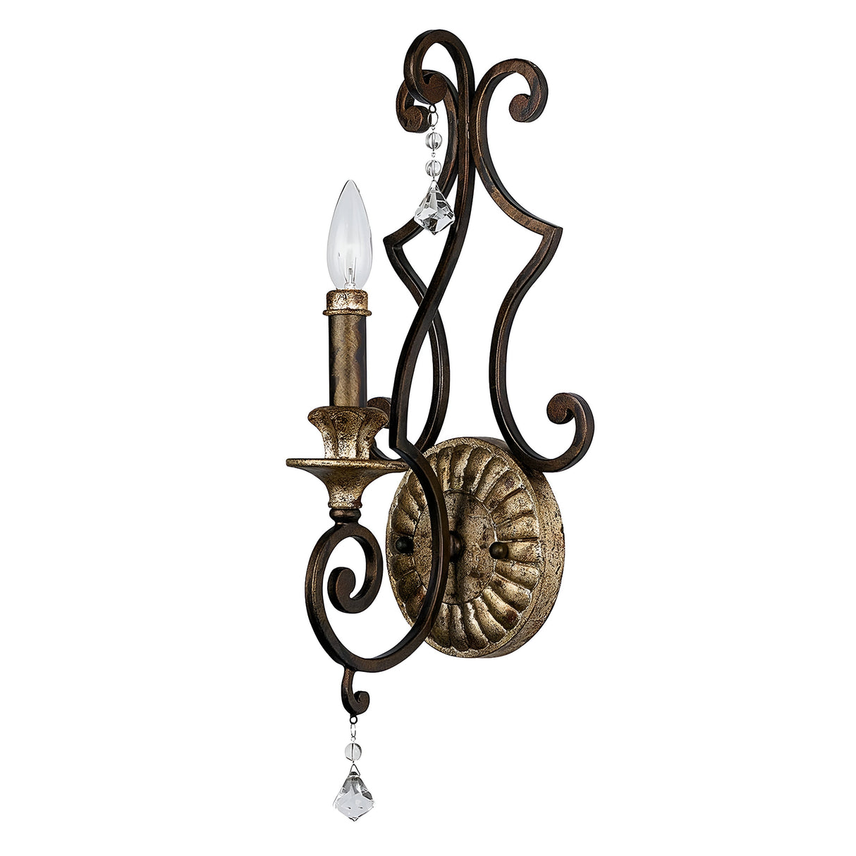 Introducing the Marquette 1 Light Wall Light in Bronze: a vintage-style wall light with intricate wrought iron details. It features a single candle-shaped bulb and decorative crystal drops hanging from its elegantly curved metal frame, all finished in an heirloom bronze for a touch of timeless elegance.