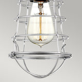 A Mixon 1 Light Semi-Flush fixture in polished chrome features a vintage-style bulb encased in a sleek wire cage, suspended against a neutral background. The exposed filament enhances the retro aesthetic with an industrial design touch.