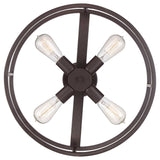 The New Harbor 4 Light Semi-Flush in Western Bronze showcases a sleek and industrial design with four Victorian Edison-style bulbs arranged in a cross pattern inside a circular metallic frame.