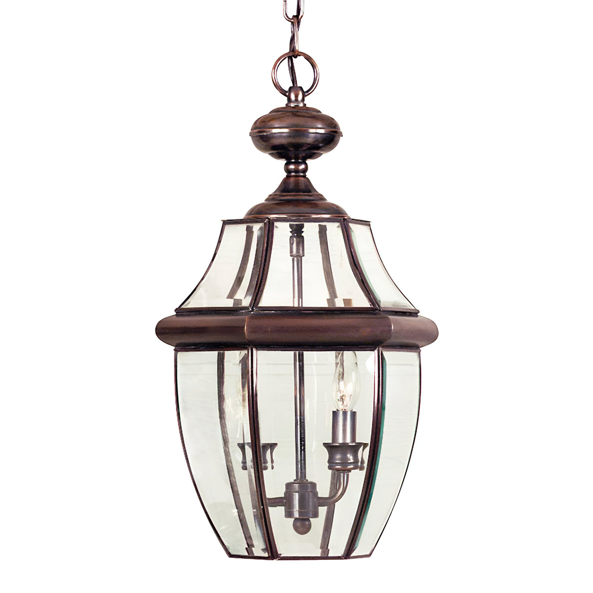 The Newbury Outdoor 2 Light Large Chain Pendant in lacquered aged copper boasts a vintage-style design with clear beveled glass panels. It features two bulbs and decorative metalwork, suspended from a short chain for a classic and elegant appearance.