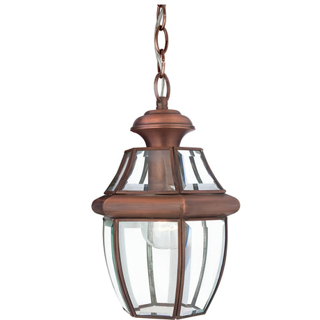 Introducing the Newbury Outdoor 1 Light Medium Chain Pendant, showcasing a vintage design with a lacquered aged copper finish and clear glass panels, elegantly suspended by an outdoor chain.