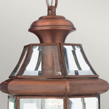 Close-up of the Newbury Outdoor 1 Light Medium Chain Pendant in a lacquered aged copper finish, showcasing its glass panels and curved top. This sturdy design is perfect for hanging as a decorative lighting fixture, with an IP23 rating making it suitable for outdoor use. It is set against a neutral, light gray background.