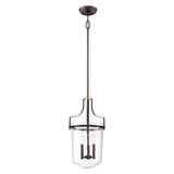 The Penn Station 3 Light Chandelier in Western Bronze features a sleek design with a cylindrical clear glass shade and three candle-style bulbs, suspended from a dark metal rod and chain. It combines minimalist modern elements with an industrial aesthetic reminiscent of chandeliers.