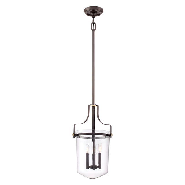 The Penn Station 3 Light Chandelier in Western Bronze features a sleek design with a cylindrical clear glass shade and three candle-style bulbs, suspended from a dark metal rod and chain. It combines minimalist modern elements with an industrial aesthetic reminiscent of chandeliers.