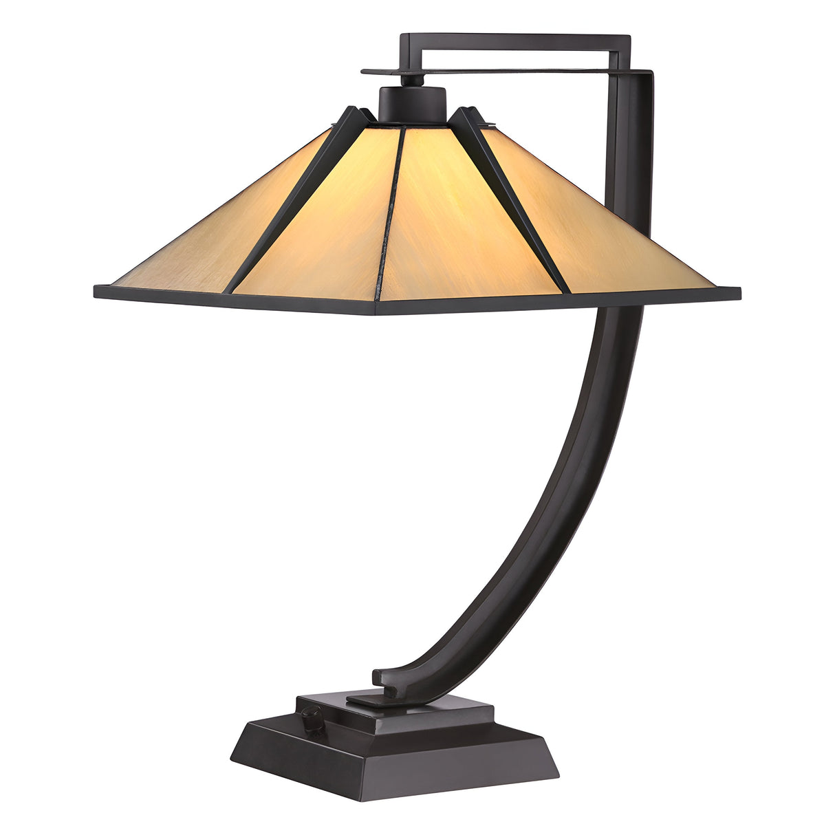 The Pomeroy 1 Light Tiffany Table Lamp - Western Bronze boasts a modern design, featuring a handcrafted triangular glass shade and a sleek, curved black metal base with a Western Bronze finish. The lamp emits a warm, soft glow.