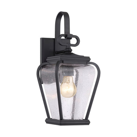 The Province 1 Light Wall Lantern in black, crafted from durable cast aluminum, features seeded glass with a distinctive bubbled texture and a visible light bulb inside. Its classic and elegant design enhances the sophistication of any exterior space.