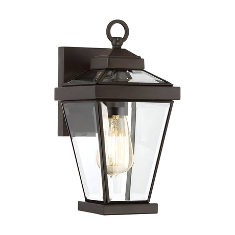 The Ravine Outdoor Small Wall Lantern in Western Bronze showcases clear glass panels and a vintage-style exposed bulb. Its classic design features a pointed top and a rectangular backplate for mounting, adding charm to any outdoor decor.