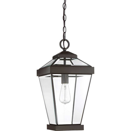 The Ravine Outdoor Large Chain Pendant - Western Bronze showcases a timeless rectangular design with a visible bulb, beautifully constructed from black metal and glass. With its elegant Western Bronze finish, this lantern pendant light is ideal for accentuating both outdoor areas and indoor settings.