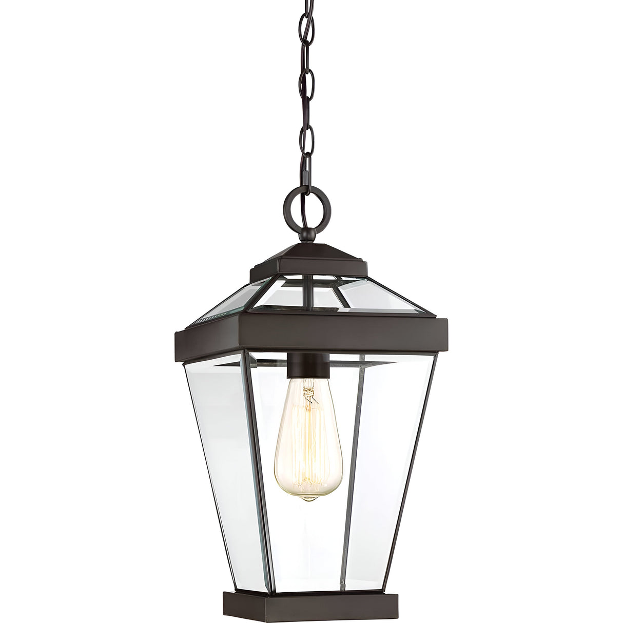 The Ravine Outdoor Medium Chain Pendant in Western Bronze features a black metal finish adorned with clear beveled glass panels, showcasing a vintage-style exposed filament bulb for a classic and elegant look.