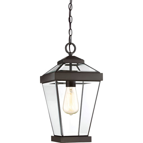 The Ravine Outdoor Medium Chain Pendant in Western Bronze features a black metal finish adorned with clear beveled glass panels, showcasing a vintage-style exposed filament bulb for a classic and elegant look.