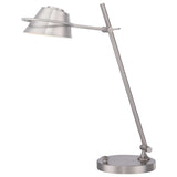 Introducing the Spencer LED Table Lamp in Brushed Nickel, featuring an adjustable arm and a wide, angled lampshade. Its round base is equipped with a small switch and an adjustable dimmer, offering a sleek and minimalist design.