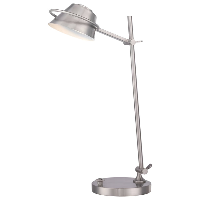 Introducing the Spencer LED Table Lamp in Brushed Nickel: a contemporary lighting solution featuring a stylish design and a pivoting head. The robust, circular base includes an adjustable dimmer for optimal lighting control, beautifully enhancing the lampshade.