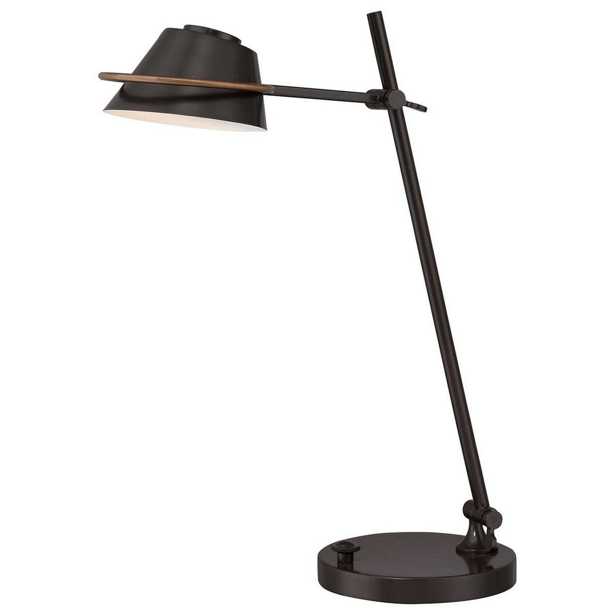 The Spencer LED Table Lamp, in a sleek Western Bronze finish, features a modern design with an adjustable arm and round base. Its energy-efficient LED lighting and angled conical lampshade provide focused illumination for your workspace.