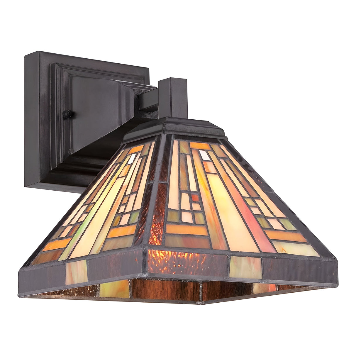 A geometric stained glass wall sconce with a square black metal base features shades of warm amber, gold, and brown, rendering an Art Deco design reminiscent of a Stephen 1 Light Tiffany Wall Light in Vintage Bronze.