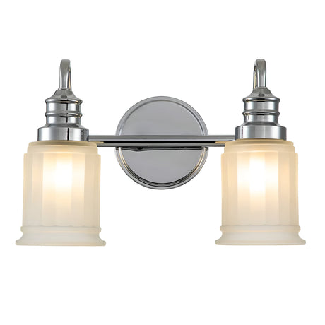 The Swell 2 Light Wall Light - Polished Chrome is a contemporary wall-mounted fixture ideal for bathroom lighting, featuring two frosted glass shades. It showcases elegantly curved arms that attach to a circular backplate, perfectly supporting the cylindrical shades.