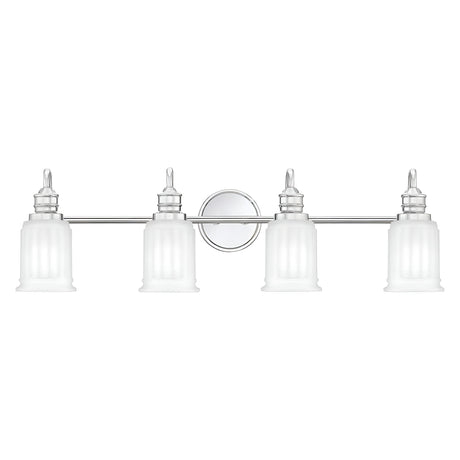 The Swell 4 Light Wall Light in polished chrome features a minimalist design with four frosted glass shades mounted on a horizontal bar attached to a circular base, adding contemporary flair to any modern home decor.