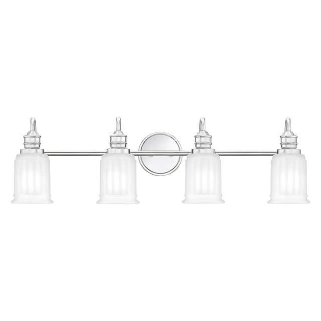 The Swell 4 Light Wall Light in polished chrome features a minimalist design with four frosted glass shades mounted on a horizontal bar attached to a circular base, adding contemporary flair to any modern home decor.