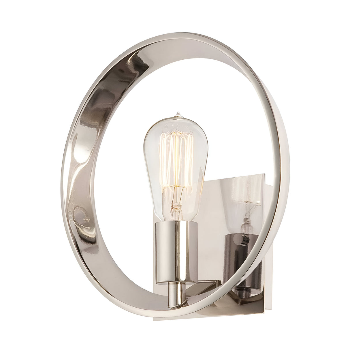 Introducing the Theatre Row 1 Light Wall Light - Imperial Silver, a contemporary sconce boasting a circular metal frame in a sleek Imperial Silver finish. This stylish lighting fixture features an exposed Edison-style bulb, making it perfect for enhancing any space.