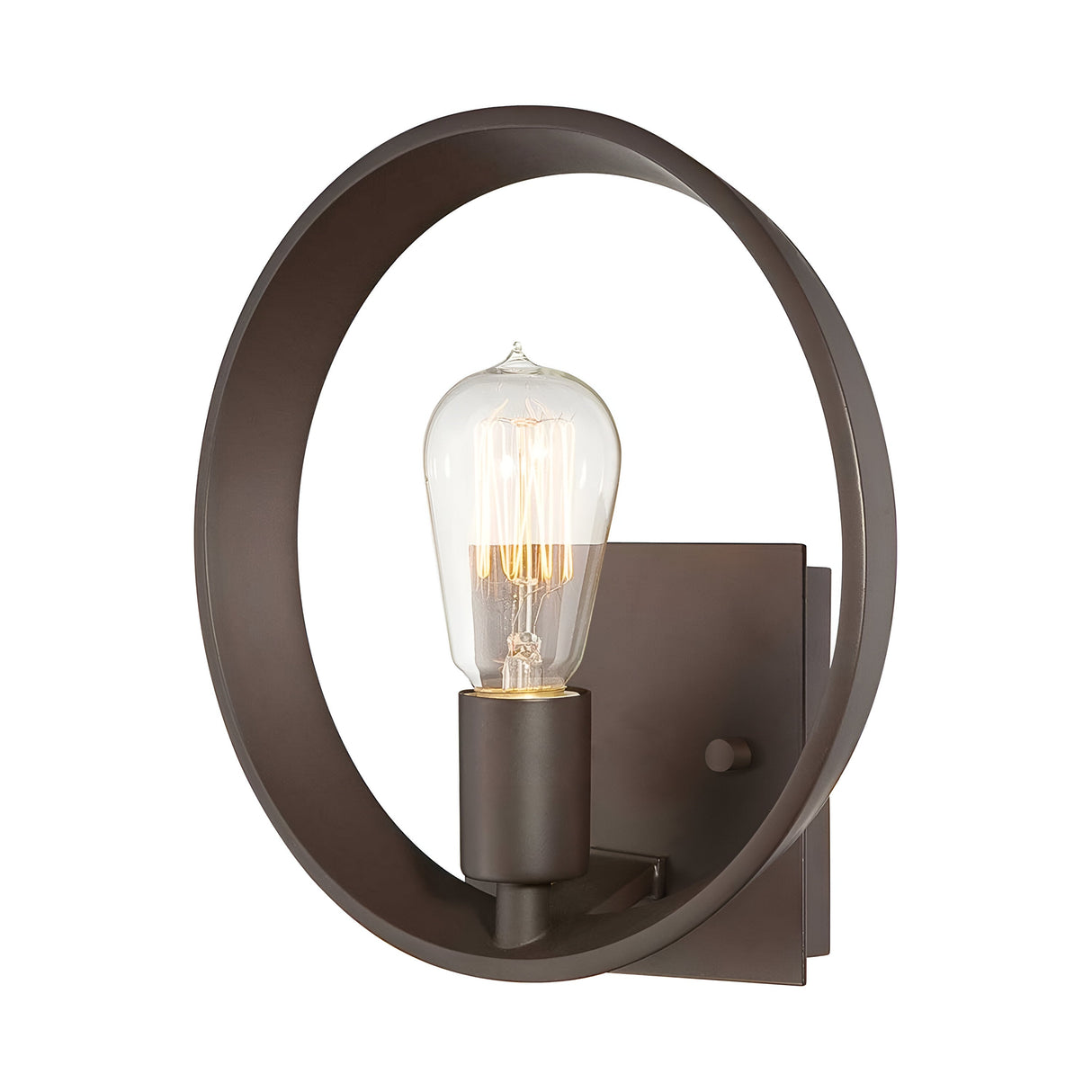 The Theatre Row 1 Light Wall Light, featuring a circular metal frame in a Western Bronze finish, takes inspiration from vintage theatre lighting with its exposed bulb design at the center. Its modern and minimalist style elegantly showcases the bulb within its refined frame.