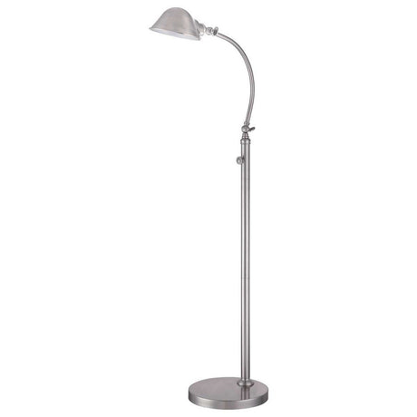 The Thompson LED Floor Lamp in brushed nickel boasts a sleek, modern design with its adjustable curved neck and dome-shaped shade, making it perfect for task lighting. It stands securely on a stable round base.