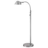 The Thompson LED Floor Lamp in brushed nickel boasts a sleek, modern design with an adjustable curved arm and a dome-shaped shade. Complete with a round base and minimalist aesthetics, this lamp is perfect for task lighting or reading in contemporary spaces.