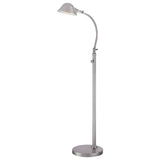 The Thompson LED Floor Lamp in brushed nickel features an elegant adjustable curved neck and a dome-shaped shade, providing excellent task lighting. It stands on a round base, embodying a modern, minimalist design.