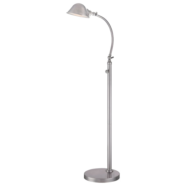 The Thompson LED Floor Lamp in brushed nickel features an elegant adjustable curved neck and a dome-shaped shade, providing excellent task lighting. It stands on a round base, embodying a modern, minimalist design.