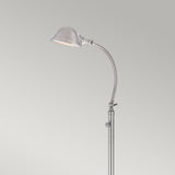 Introducing the Thompson LED Floor Lamp in Brushed Nickel: a sleek, modern design with a curved, adjustable neck and a small dome-shaped lampshade, ideal for task lighting against a plain light gray background.