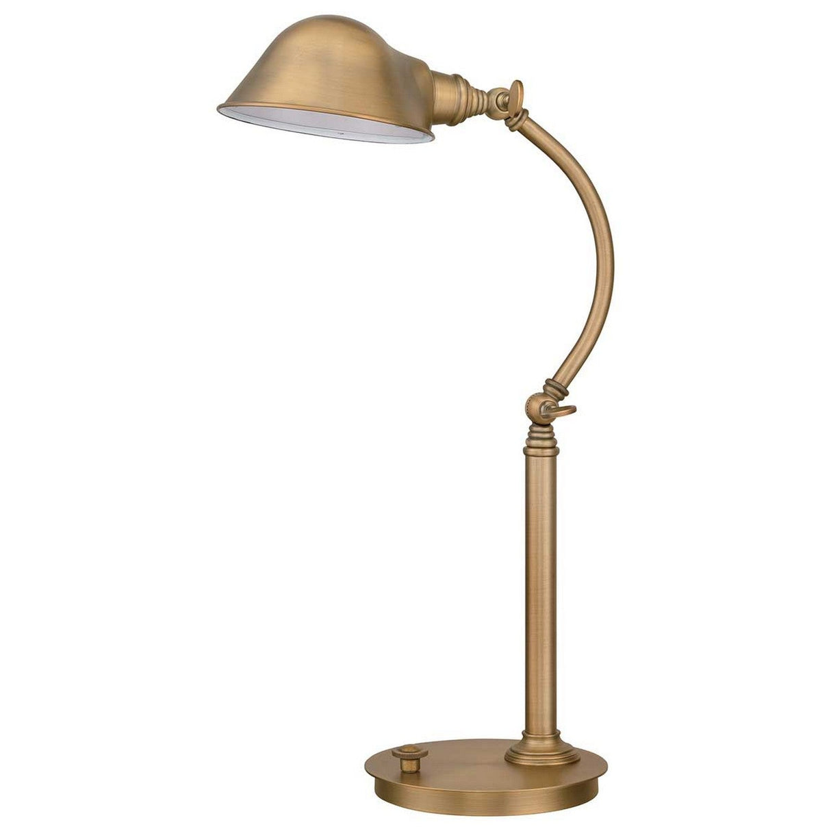 The Thompson LED Table Lamp in Aged Brass showcases a vintage-style design with a curved adjustable arm and a dome-shaped shade on a round base. This lamp seamlessly blends classic aesthetics with modern efficiency, making it an ideal choice for an office or study setting.