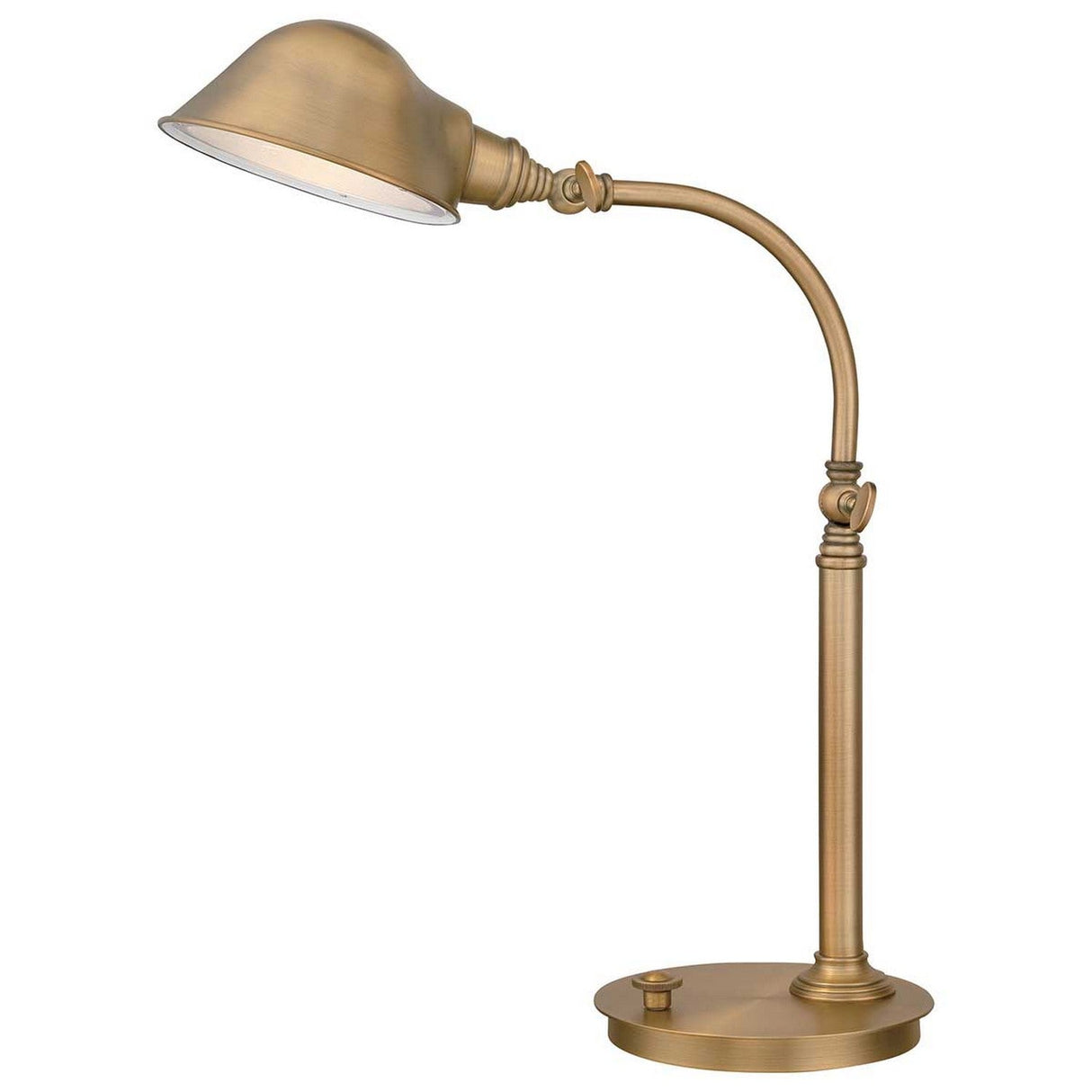 The Thompson LED Table Lamp in aged brass showcases classic elegance with its adjustable lamp head, dome-shaped shade, and round base featuring a power switch.